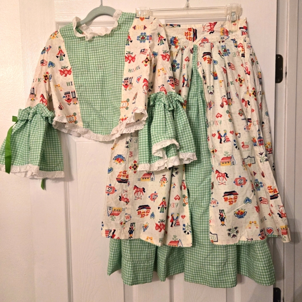 Vintage Girl's Colonial Costume Handmade Green and White Gingham Top And Skirt